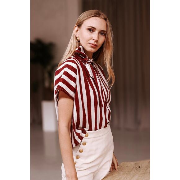 NWT Malabar Collective Red White Stripe MIA Shirt Tie Neck XS/s - Picture 2 of 3